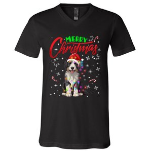 Merry Christmas Newfoundland Dog Santa Hat Lights Snowflakes Funny Gift V-Neck T-Shirt