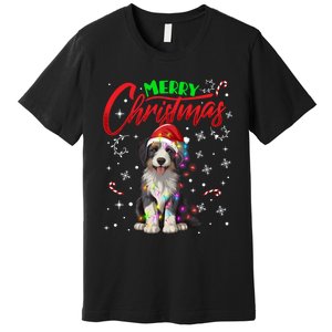 Merry Christmas Newfoundland Dog Santa Hat Lights Snowflakes Funny Gift Premium T-Shirt