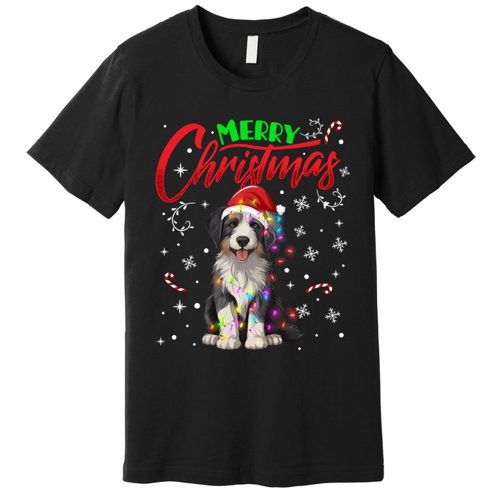 Merry Christmas Newfoundland Dog Santa Hat Lights Snowflakes Funny Gift Premium T-Shirt