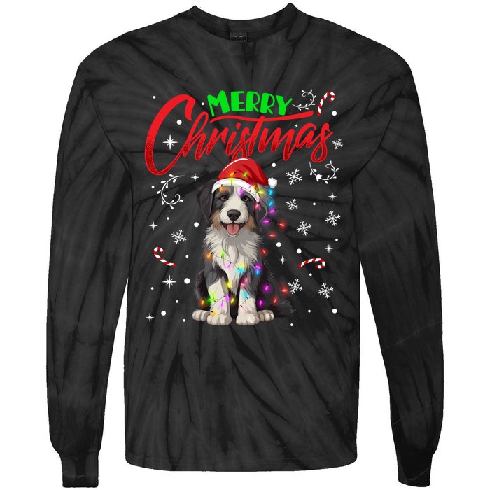 Merry Christmas Newfoundland Dog Santa Hat Lights Snowflakes Funny Gift Tie-Dye Long Sleeve Shirt