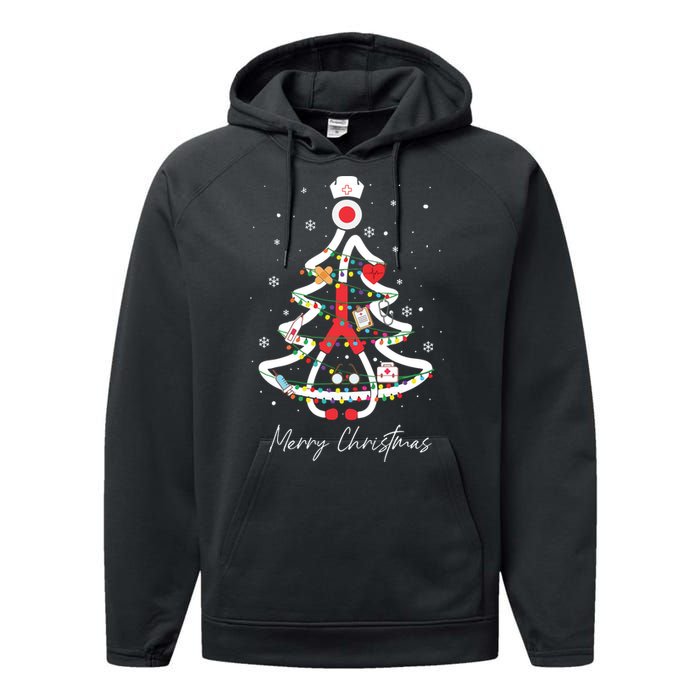 Merry Christmas Nurse Stethoscope Tree Lights Performance Fleece Hoodie