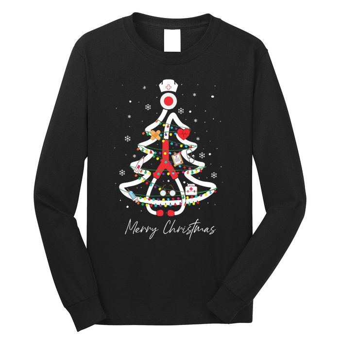 Merry Christmas Nurse Stethoscope Tree Lights Long Sleeve Shirt