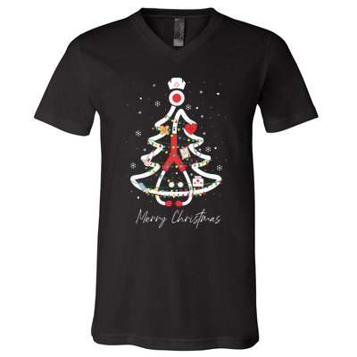 Merry Christmas Nurse Stethoscope Tree Lights V-Neck T-Shirt