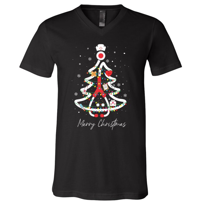 Merry Christmas Nurse Stethoscope Tree Lights V-Neck T-Shirt