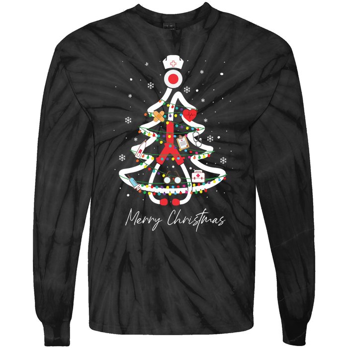 Merry Christmas Nurse Stethoscope Tree Lights Tie-Dye Long Sleeve Shirt