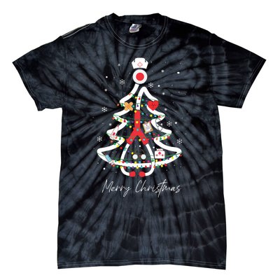 Merry Christmas Nurse Stethoscope Tree Lights Tie-Dye T-Shirt