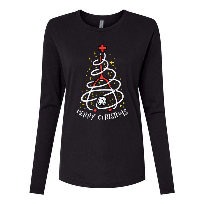 Merry Christmas Nurse Xmas Scrub Top Stethoscope Womens Cotton Relaxed Long Sleeve T-Shirt