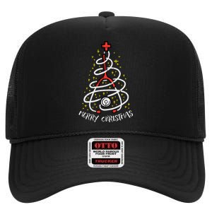 Merry Christmas Nurse Xmas Scrub Top Stethoscope High Crown Mesh Back Trucker Hat