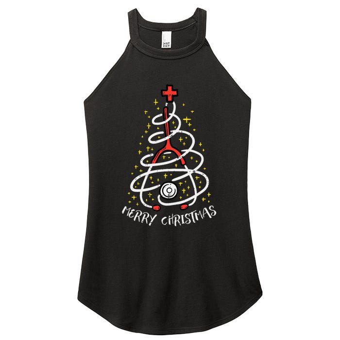 Merry Christmas Nurse Xmas Scrub Top Stethoscope Women's Perfect Tri Rocker Tank