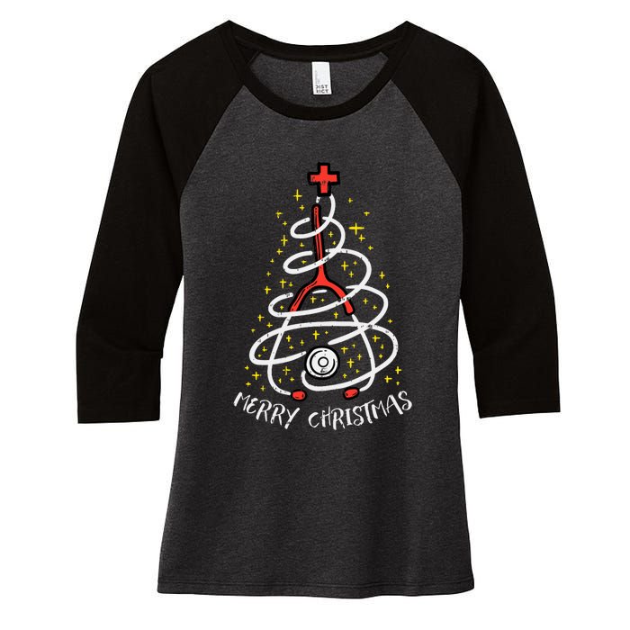 Merry Christmas Nurse Xmas Scrub Top Stethoscope Women's Tri-Blend 3/4-Sleeve Raglan Shirt