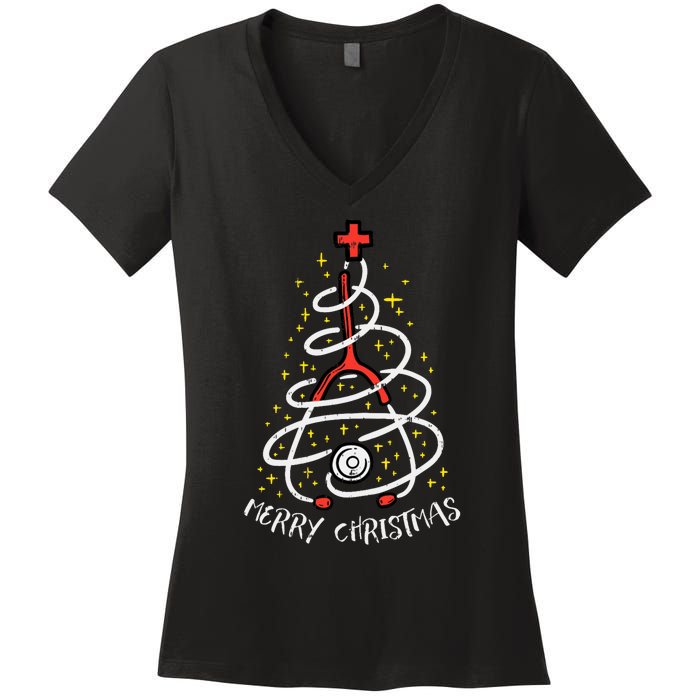 Merry Christmas Nurse Xmas Scrub Top Stethoscope Women's V-Neck T-Shirt