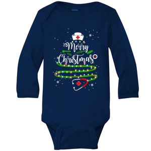 Merry Christmas Nurse Funny Xmas Tree Lights Stethoscope Great Gift Baby Long Sleeve Bodysuit