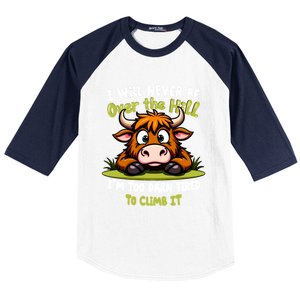 Messy Cow Never Over Hill Too Tired Climb Fun Gift Baseball Sleeve Shirt