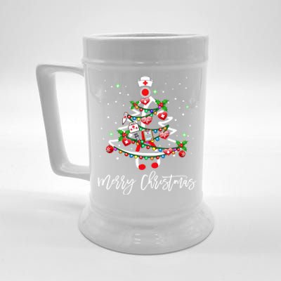 Merry Christmas Nurse Stethoscope Tree Lights Gift Beer Stein