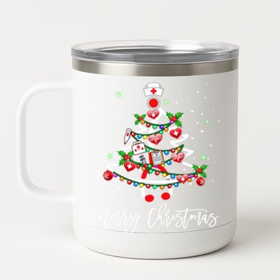 Merry Christmas Nurse Stethoscope Tree Lights Gift 12 oz Stainless Steel Tumbler Cup