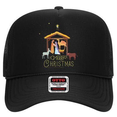 Merry Christmas Nativity Scene North Star Baby Jesus Short Sleeve High Crown Mesh Back Trucker Hat