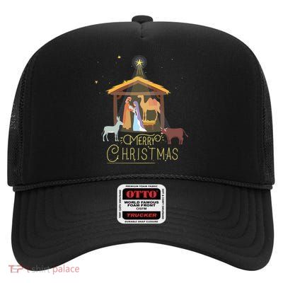 Merry Christmas Nativity Scene North Star Baby Jesus Long Sleeve High Crown Mesh Back Trucker Hat