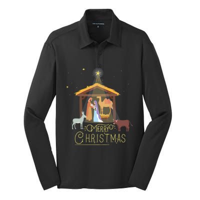 Merry Christmas Nativity Scene North Star Baby Jesus Long Sleeve Silk Touch Performance Long Sleeve Polo