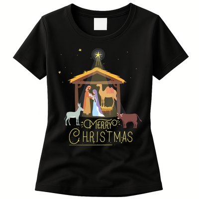 Merry Christmas Nativity Scene North Star Baby Jesus Long Sleeve Womens T-Shirt