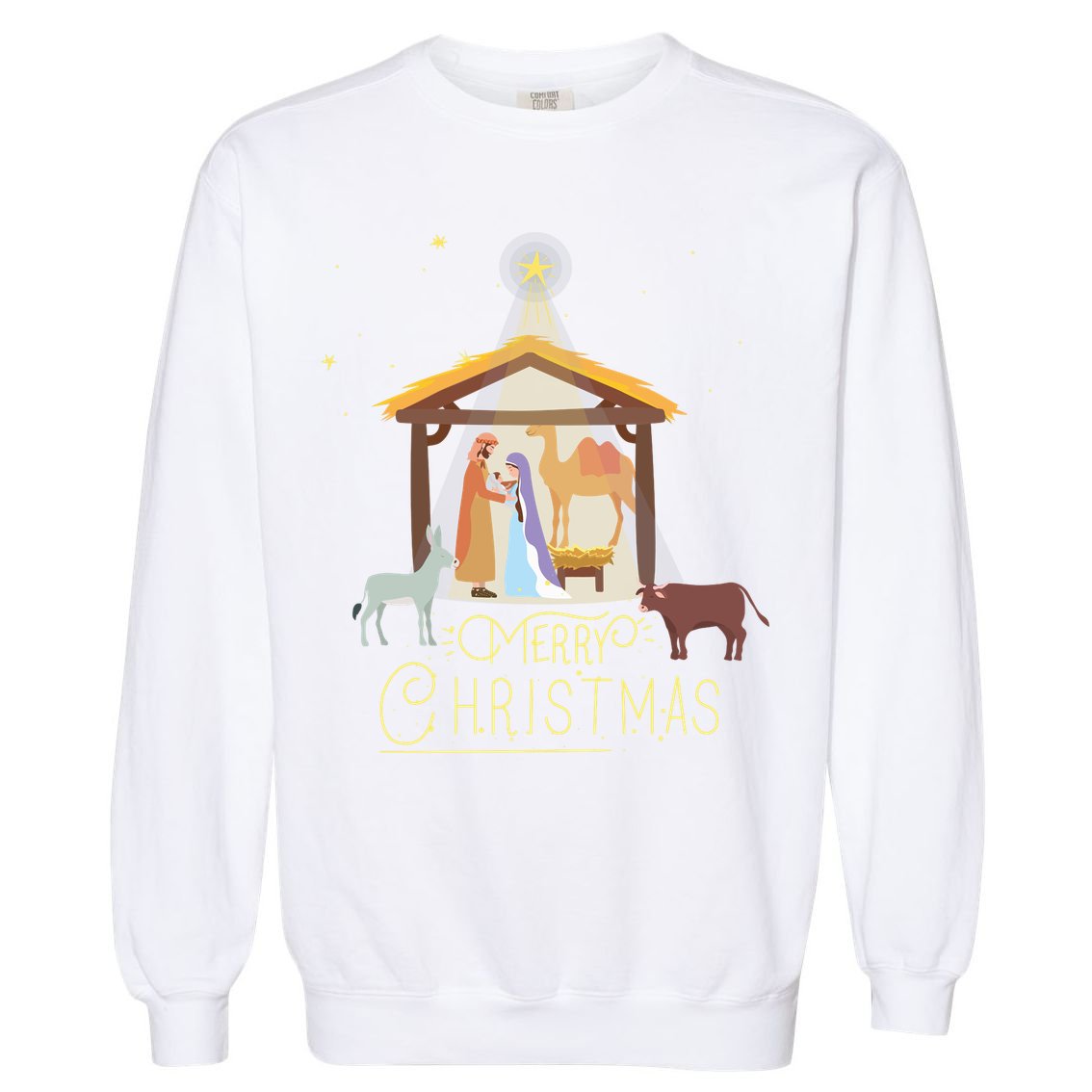 Merry Christmas Nativity Scene North Star Baby Jesus Long Sleeve Garment-Dyed Sweatshirt