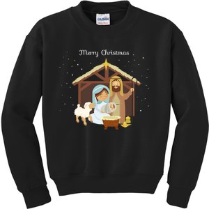 Merry Christmas & Nativity Scene Christian Faith Holiday Long Sleeve Kids Sweatshirt