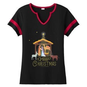 Merry Christmas Nativity Scene North Star Jesus Gift Ladies Halftime Notch Neck Tee