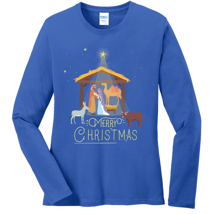 Merry Christmas Nativity Scene North Star Jesus Gift Ladies Long Sleeve Shirt