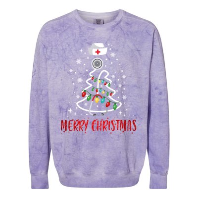 Merry Christmas Nurse Gift Stethoscope Tree Lights Gift Colorblast Crewneck Sweatshirt