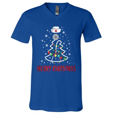 Merry Christmas Nurse Gift Stethoscope Tree Lights Gift V-Neck T-Shirt