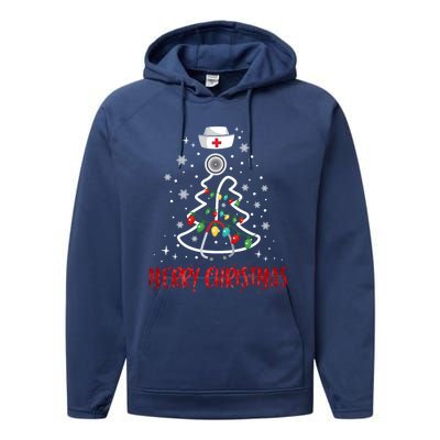 Merry Christmas Nurse Gift Stethoscope Tree Lights Gift Performance Fleece Hoodie