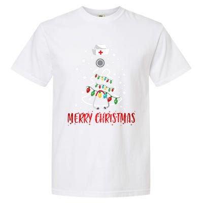 Merry Christmas Nurse Gift Stethoscope Tree Lights Gift Garment-Dyed Heavyweight T-Shirt