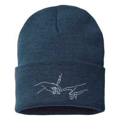 Michelangelo Creation Of Adam Hand Of God With Joint Sustainable Knit Beanie