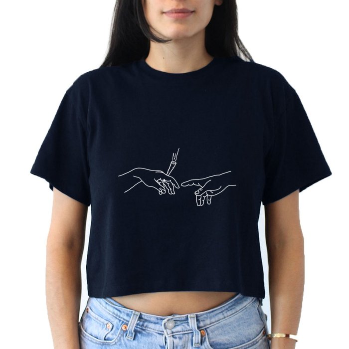 Michelangelo Creation Of Adam Hand Of God With Joint Crop Top
