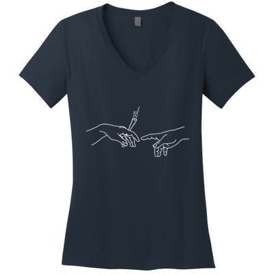 Michelangelo Creation Of Adam Hand Of God With Joint Women's V-Neck T-Shirt