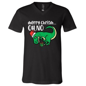 Merry Christmas Oh No Trex Funny Xmas Dino V-Neck T-Shirt