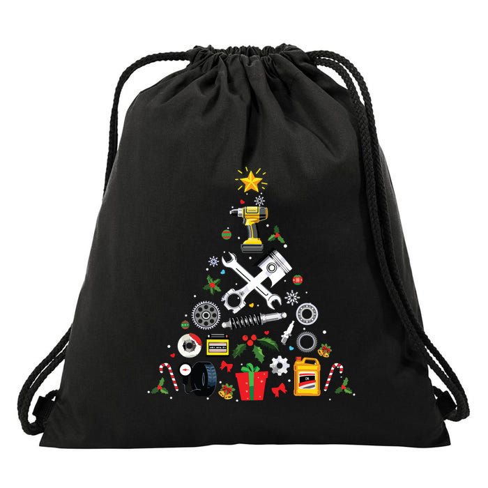 Mechanic Christmas Ornament Tree In Garage Car Mechanic Drawstring Bag