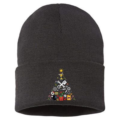 Mechanic Christmas Ornament Tree In Garage Car Mechanic Sustainable Knit Beanie
