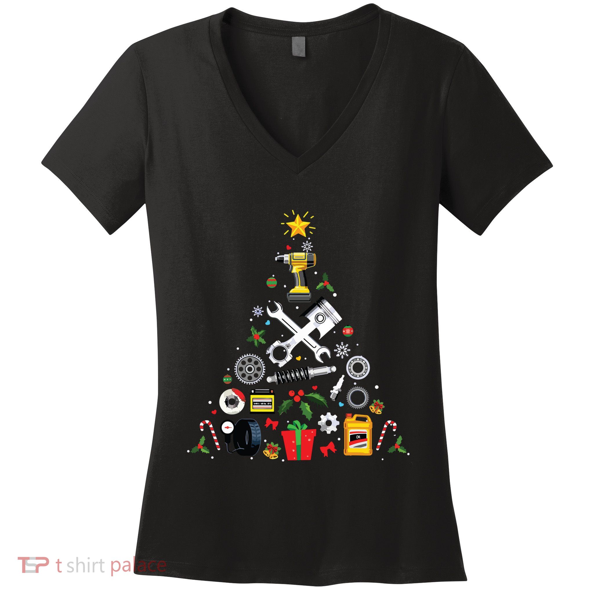 Mechanic Christmas Ornament Tree In Garage Car Mechanic Women's V-Neck T-Shirt