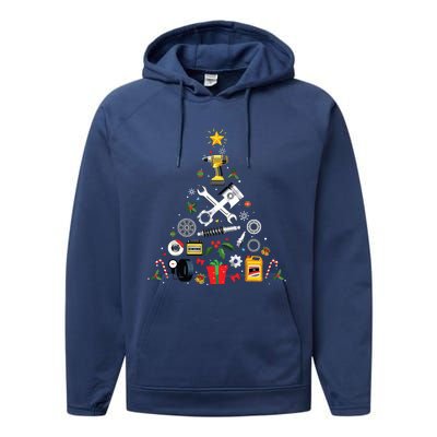 Mechanic Christmas Ornament Tree In Garage Car Mechanic Performance Fleece Hoodie