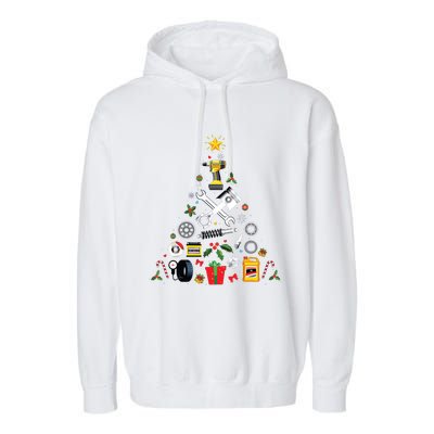 Mechanic Christmas Ornament Tree In Garage Car Mechanic Garment-Dyed Fleece Hoodie