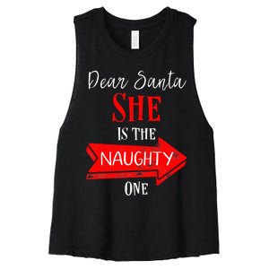 Matching Christmas Outfit For Couples SheS The Naughty One Women's Racerback Cropped Tank