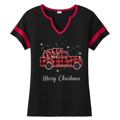 Merry Christmas Old Fashion Pick Up Truck Tree Ladies Halftime Notch Neck Tee