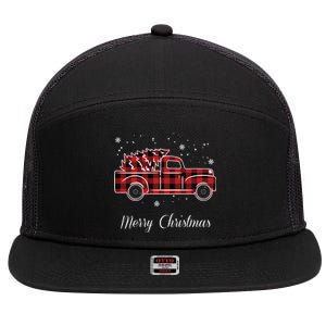 Merry Christmas Old Fashion Pick Up Truck Tree 7 Panel Mesh Trucker Snapback Hat