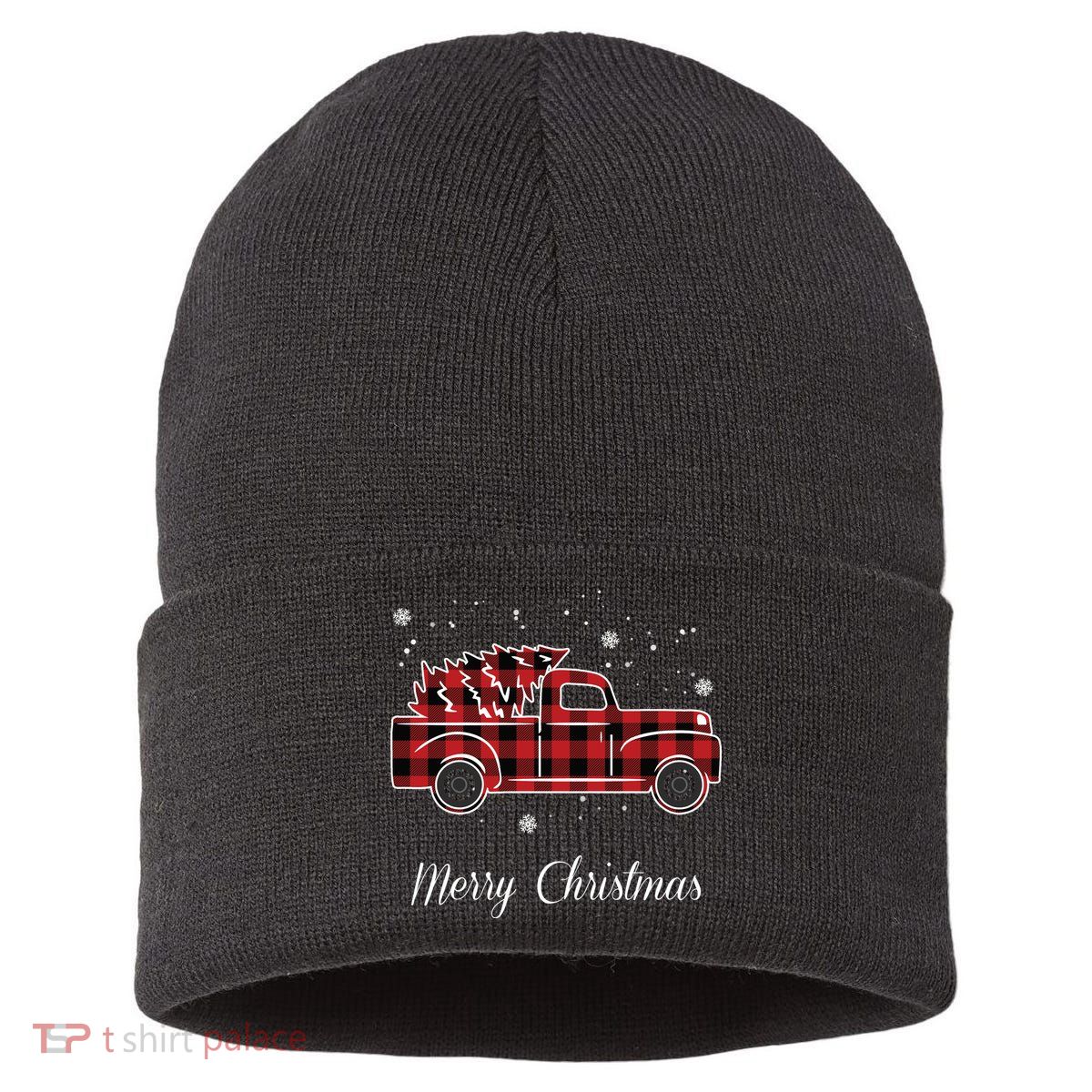 Merry Christmas Old Fashion Pick Up Truck Tree Sustainable Knit Beanie