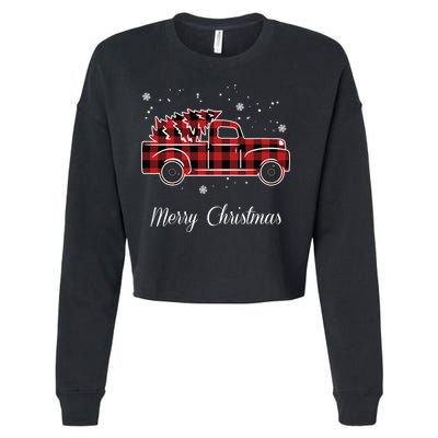Merry Christmas Old Fashion Pick Up Truck Tree Cropped Pullover Crew