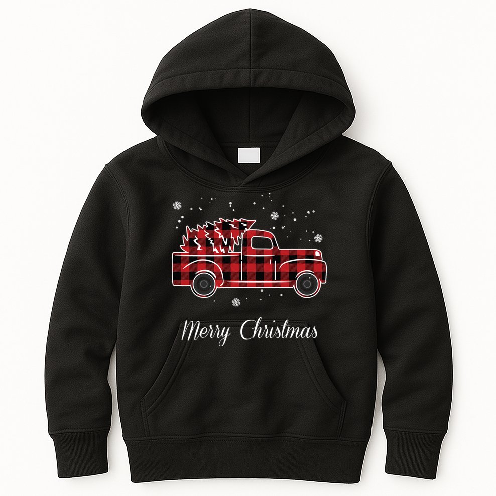 Merry Christmas Old Fashion Pick Up Truck Tree Kids Hoodie