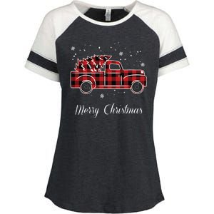 Merry Christmas Old Fashion Pick Up Truck Tree Enza Ladies Jersey Colorblock Tee