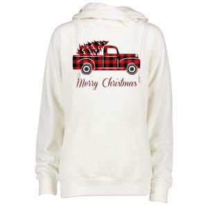 Merry Christmas Old Fashion Pick Up Truck Tree Womens Funnel Neck Pullover Hood