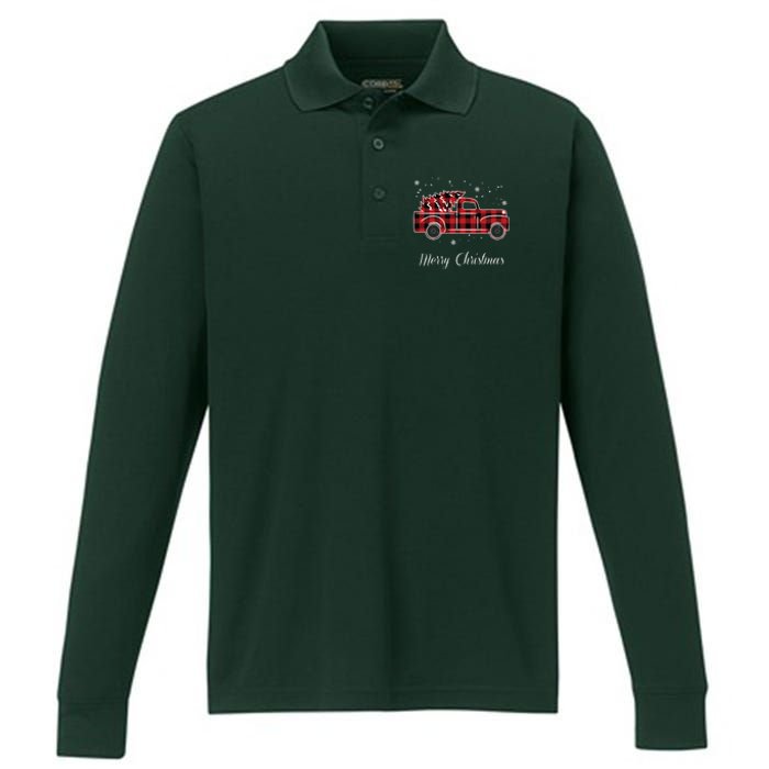 Merry Christmas Old Fashion Pick Up Truck Tree Performance Long Sleeve Polo