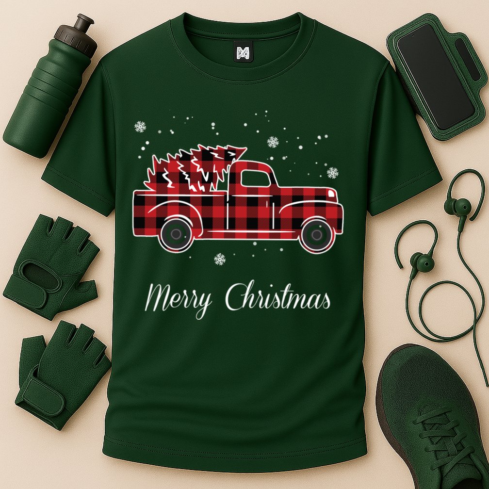 Merry Christmas Old Fashion Pick Up Truck Tree Cooling Performance Crew T-Shirt